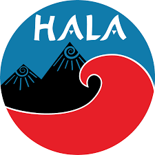 Blue circle with red wave and hawaiian mountains with the word HALA